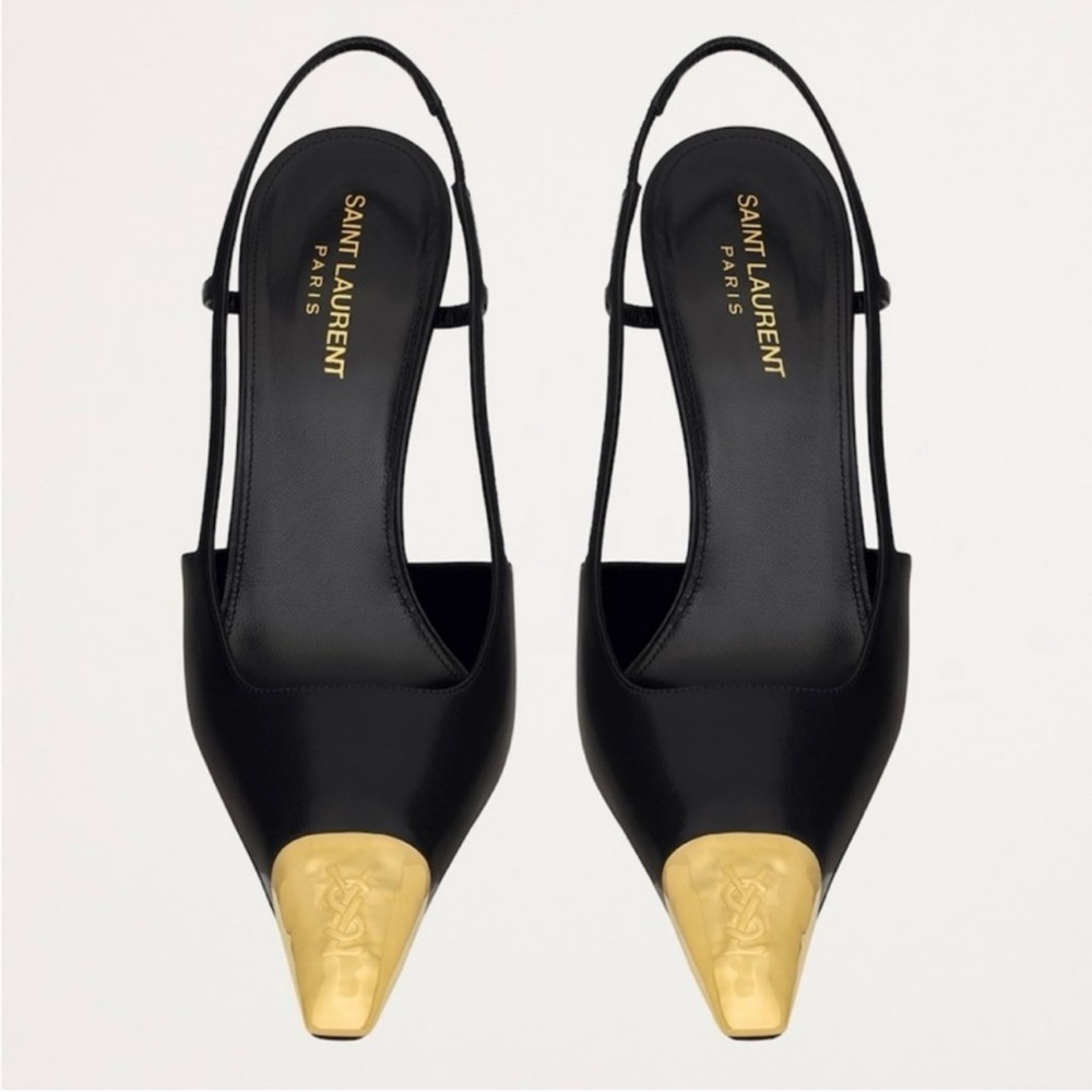 Saint Laurent Jeanne Slingback Pumps in smooth leather - black and gold - Picture 6 of 8